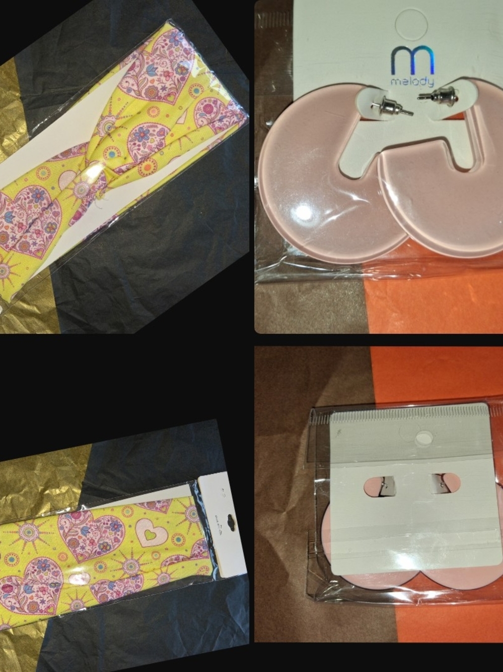 Melody Pale Pink Hoop Earrings with Yellow Heart-Print Headband Bundle